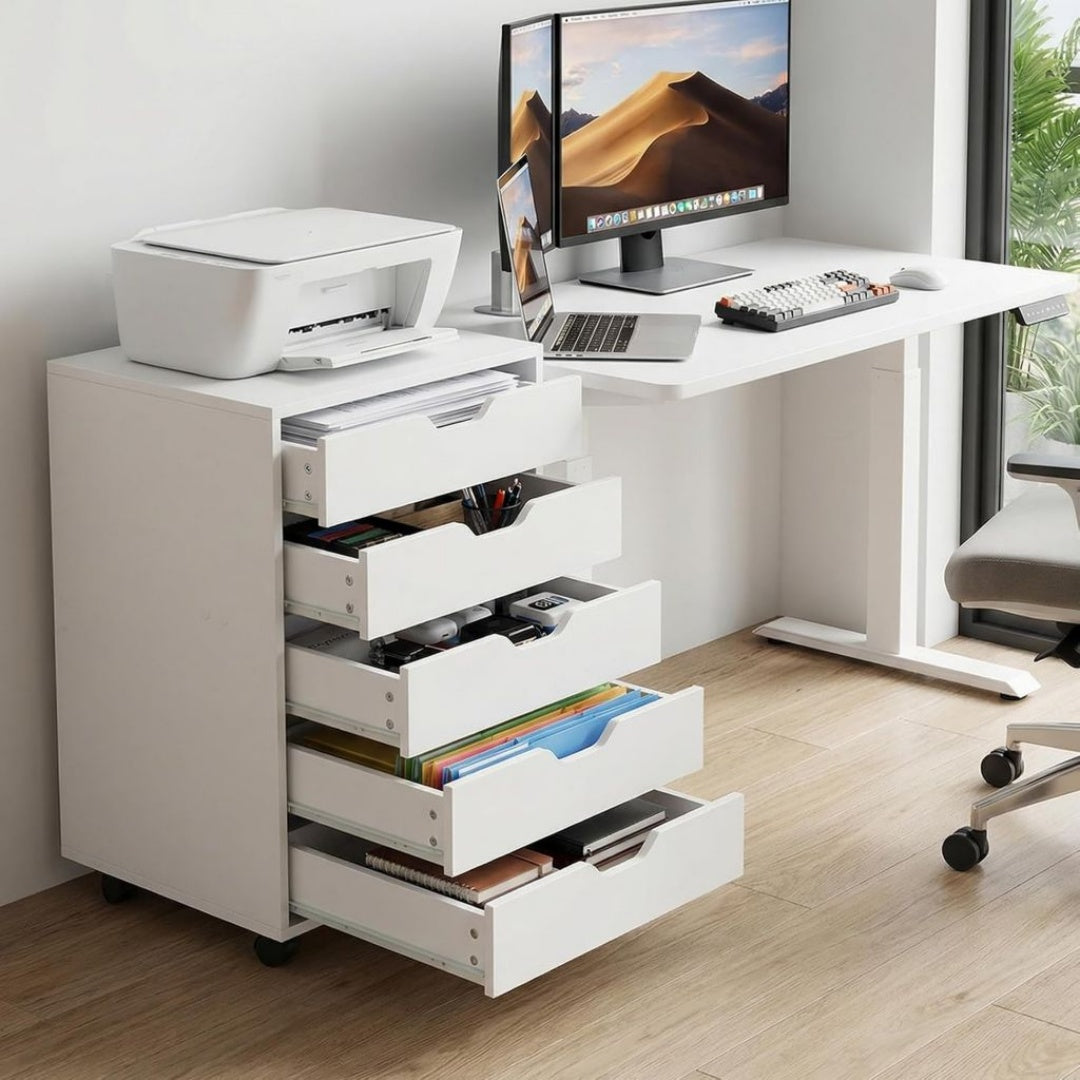 Table d'Appoint: Grande CapaciteCe caisson bureau blanc est equipe de 5 tiroirs, Finition Blanc